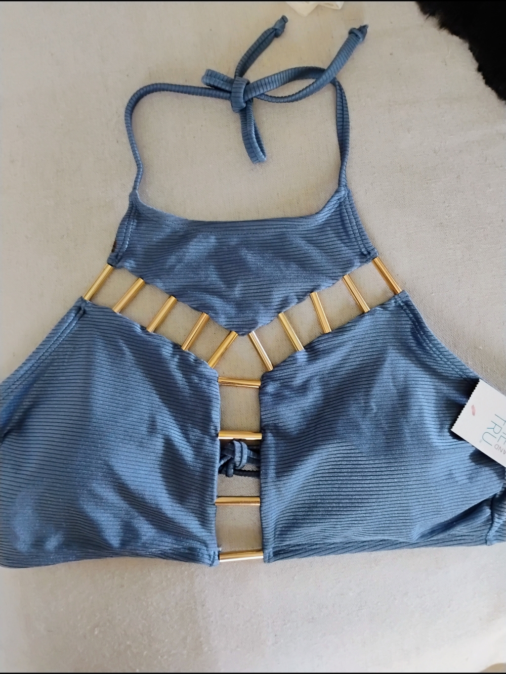 Time and Tru Blue Ribbed High Neck Bikini Top with Gold Accent Size 12/14 ...L